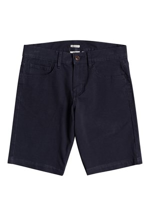 Granatowe szorty bawełniane o klasycznym kroju. Posiadają przednie kieszenie, jedno zatrzaskowe zapięcie oraz subtelne detale przeszyć.