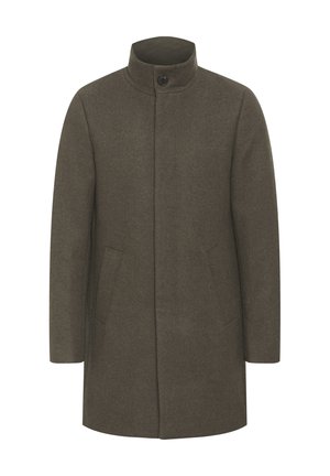 Men's dark brown wool coat with stand-up collar, single button closure, hidden front buttons, and two side pockets.