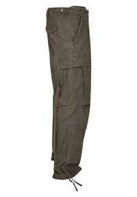 Oliwkowe spodnie cargo z wieloma bocznymi kieszeniami, ściągaczem u dołu i szlufkami na pasek. Wykonane z trwałej bawełny, charakteryzujące się luźnym krojem.