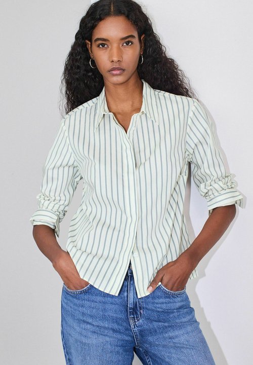 Chemisier Caroll Rayé Beige Et Gris - Taille 42, Manches Longues, Coton/polyester, Occasion Très Bon état