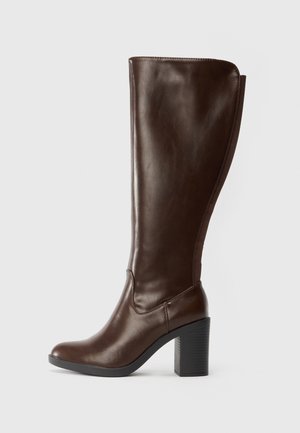 Dark brown knee-high leather boot with a rounded toe and block heel, smooth finish, and elastic panel at the back.