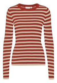 Sweter z prążkowanego materiału z poziomymi czerwonymi i beżowymi paskami, długimi rękawami i okrągłym dekoltem. Miękka faktura z dopasowanym krojem.