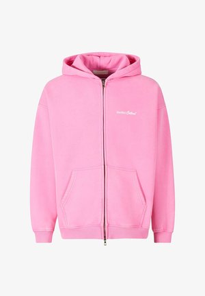 Rosa hettegenser med glidelås laget av bomull, med frontglidelås, to lommer foran, og en liten logo på venstre brystområde.