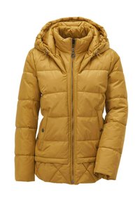 Senfgelbe Steppjacke mit Kapuze, ausgestattet mit einem Reißverschluss, gestepptem Muster und seitlichen Taschen. Glattes, leichtes Material.