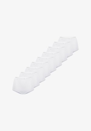 Weiße Baumwoll-Slips in einer Reihe präsentiert; schlichtes Design mit elastischem Bund, keine Muster oder Akzente, glatte Textur, Standard-Hipster-Form.