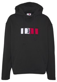 Zwarte hoodie van katoen met een voorzak. Voorzien van een geborduurd logo in rood, wit en blauw op de borst met tekst. Verstelbare capuchon met trekkoord.
