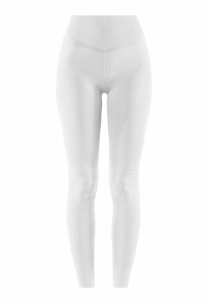 Leggings bianchi a vita alta realizzati in tessuto elasticizzato, caratterizzati da una texture a coste, dettagli sulle ginocchia e un design senza cuciture per una vestibilità impeccabile.