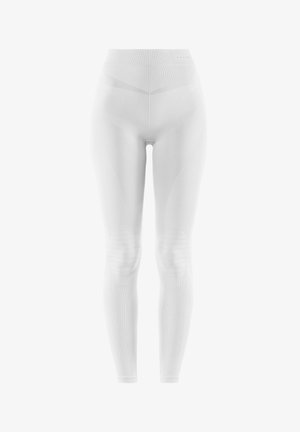 White high-waisted leggings made of stretchy fabric, featuring ribbed texture, knee accents, and a seamless design for a smooth fit.