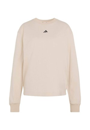 Sudadera de manga larga color beige claro hecha de algodón. Presenta un cuello redondo, puños acanalados y un logo negro bordado en el pecho.