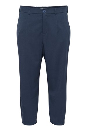 Navy blue trousers with a smooth fabric texture, featuring a button closure, belt loops, and tapered cuffs. Plain design without patterns.