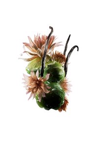 Blomsterskulptur som viser rosa og kremfargede vannliljer, grønne organiske former og slanke svarte stilker, med en blank tekstur og glatte overflater.