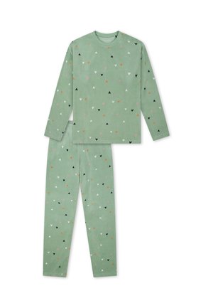 Green long-sleeve top and pants pajama set with scattered small heart patterns in black, white, pink, and orange colors.