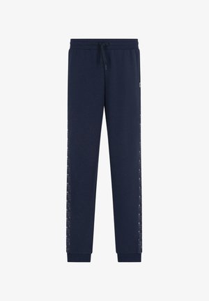 Pantaloni della tuta blu scuro in misto cotone, con vita regolabile con coulisse, gambe affusolate e motivo testuale lungo le cuciture laterali.