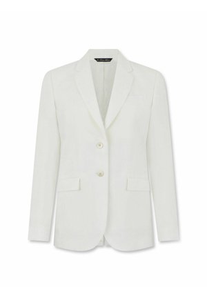 Witte damesblazer met inkeping rever, twee voorste knopen, klepzakken en een borstzak, weergegeven tegen een witte achtergrond.