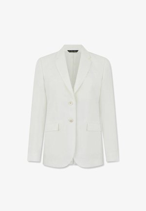 Blazer bianco da donna con rever a incrocio, due bottoni frontali, tasche con patta e taschino sul petto, mostrato su sfondo bianco.