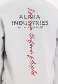 Sudadera gris claro con el texto bold negro "ALPHA INDUSTRIES" y un gráfico rojo "Remove Before Flight" en la parte posterior. Material de algodón, diseño de cuello redondo.
