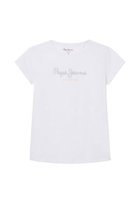 Bílá bavlněná tričko s krátkým rukávem. Na hrudi se nachází nápis "Pepe Jeans LONDON" v stříbrné a broskvové barvě. Klasický design s kulatým výstřihem.