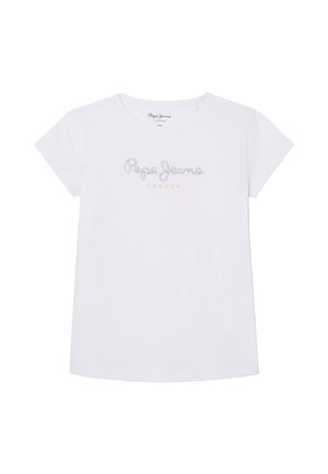 Biała bawełniana koszulka z krótkim rękawem. Na klatce piersiowej znajduje się napis "Pepe Jeans LONDON" w srebrnym i brzoskwiniowym kolorze. Klasyczny dekolt typu crew neck.