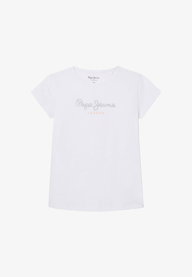 Camiseta de algodón blanca de manga corta. Presenta el texto "Pepe Jeans LONDON" en letras plateadas y melocotón en el pecho. Diseño clásico de cuello redondo.
