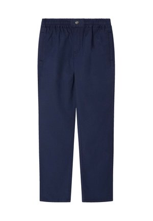 Marineblaue Hosen aus leichtem Stoff, mit einem elastischen Bund, einem einzigen Knopfverschluss und zwei Seitentaschen.