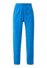 Blå, lätta byxor tillverkade av mjukt tyg. Har en elastisk midja med dragsko och två framfickor. Raka ben.