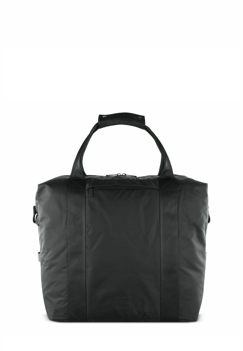 Borsa a duffel nera realizzata in nylon impermeabile, con doppi manici superiori, una tasca frontale e un scomparto principale con zip. Texture liscia.