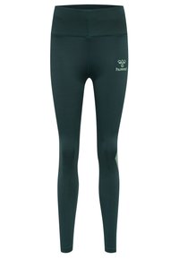 Ciemnozielone legginsy wykonane z rozciągliwego materiału. Wysoki pas i logo z przodu. Gładka tekstura z płaskimi szwami dla komfortu.