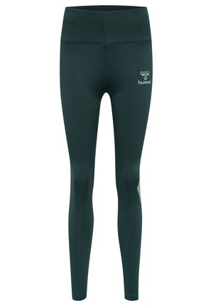 Mørkegrønne leggings lavet af strækbart stof. Høj talje og logo på forsiden. Glat tekstur med flade sømme for komfort.
