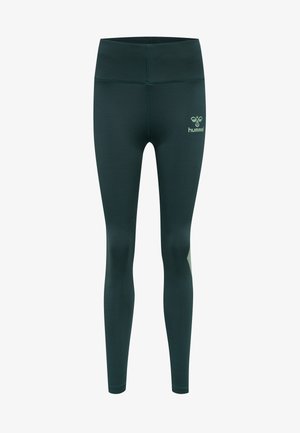 Dunkelgrüne Leggings aus dehnbarem Material. Hoher Taillenbund und Logo auf der Vorderseite. Glatte Textur mit flachen Nähten für zusätzlichen Komfort.