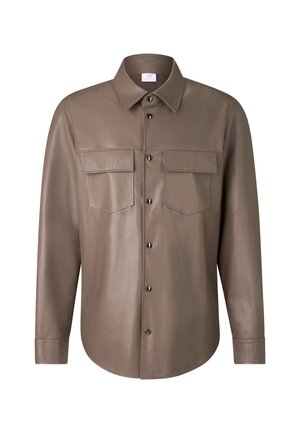 Brown leather shirt with a pointed collar, long sleeves, and two chest pockets. Features black buttons and smooth texture.