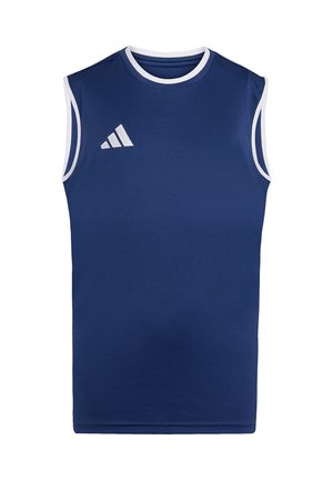 Maillot de sport bleu marine sans manches avec bordure blanche autour des emmanchures et du col, avec un logo Adidas blanc sur la poitrine.