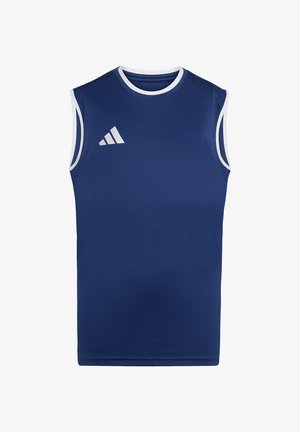 Camiseta deportiva sin mangas azul marino con ribete blanco alrededor de las sisas y el cuello, con el logo blanco de Adidas en el pecho.