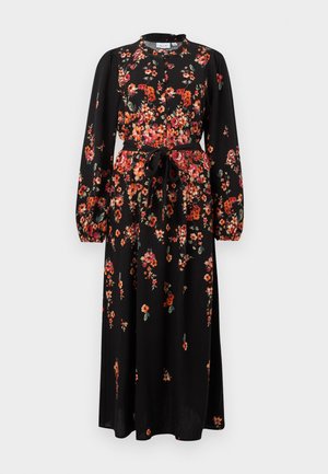 Robe midi noire à manches longues avec un col montant, un motif floral orange et rose, un devant boutonné et une ceinture en tissu assorti nouée à la taille.