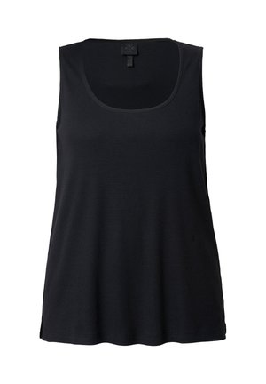 Top negro sin mangas de canalé con escote redondo y una pequeña abertura lateral en el dobladillo.