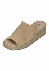 Beige suede wedge slide sandal with open toe, textured jute midsole, and smooth footbed. Simple design with stitching details on edges.