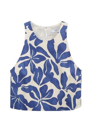 Ärmelloses Croptop in Creme mit blauem Blumendruck, mit Rundhalsausschnitt, Rückenreißverschluss und geradem Saum. Hergestellt aus leichtem Stoff.