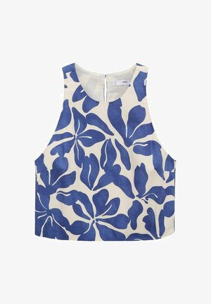 Sleeveless crop top in cream with blue floral pattern, featuring a round neckline, back zipper, and straight hem. Made of lightweight fabric.