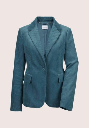 Teal corduroy blazer met revers, enkele knoopsluiting, voorzakken en verticale ribbelstructuur. Glad binnenvoering.