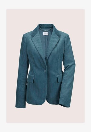 Teal corduroy blazer met revers, enkele knoopsluiting, voorzakken en verticale ribbelstructuur. Glad binnenvoering.