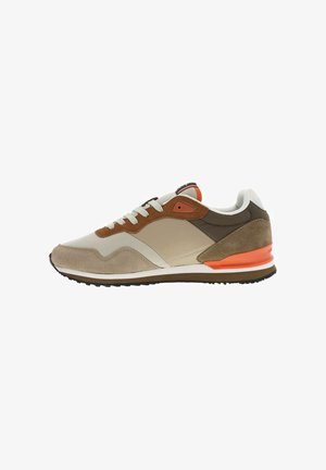 Men's sneaker featuring a mixed material design with beige, brown, and orange accents. Rounded shape, textured suede, and rubber sole.