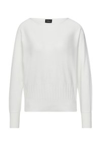 Pull blanc avec un large col, des poignets et un ourlet côtelés, et une texture douce, doté de manches longues et d'une coupe légèrement ample.