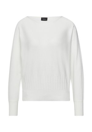 Pull blanc avec un large col, des poignets et un ourlet côtelés, et une texture douce, doté de manches longues et d'une coupe légèrement ample.