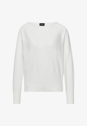 White pullover sweater with a wide neckline, ribbed cuffs and hem, and a soft texture, featuring long sleeves and a slightly loose fit.