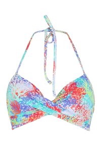 Kleurrijke bikinitop met een wikkelontwerp, met een mix van rode, blauwe, groene en paarse patronen. Te strikken in de nek met dunne bandjes.