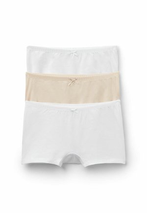 Drei Paar Baumwollshorts in Weiß, Beige und Hellbeige, ausgestattet mit elastischen Taillenbändern und kleinen passenden Schleifen an der Vorderseite.