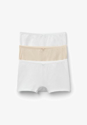 Trois culottes hipster en coton en blanc, nude et beige clair, avec des ceintures élastiques douces et des accents de ruban.