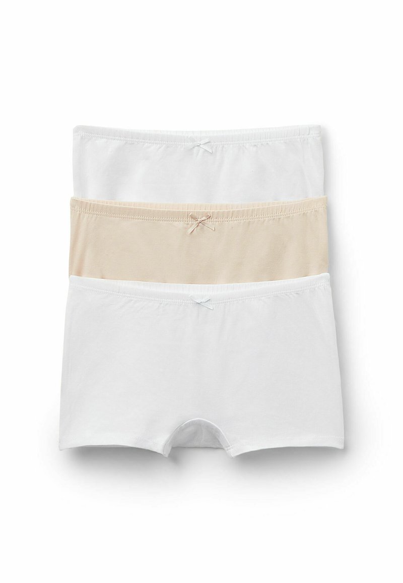 Drei Paar Baumwoll-Hipster-Slips in Weiß, Nudel und Hellbeige mit weichen elastischen Bundsäumen und Schleifendetails.