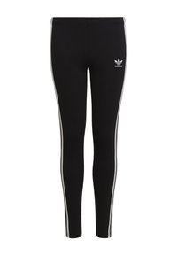 Black leggings with white side stripes and an Adidas logo on the front. Made from a stretchy, smooth material designed for comfort.