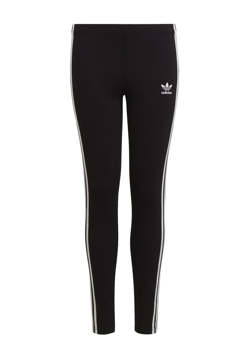 Black leggings with white side stripes and an Adidas logo on the front. Made from a stretchy, smooth material designed for comfort.
