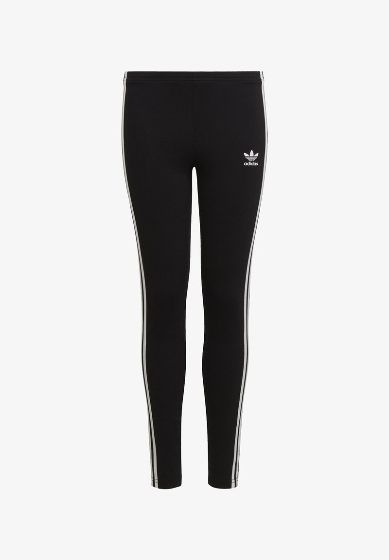 Black leggings with white side stripes and an Adidas logo on the front. Made from a stretchy, smooth material designed for comfort.
